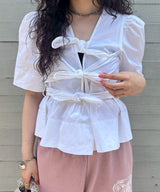 Washed Stretch Cotton Tie Strap Blouse-GANNI-Forget-me-nots Online Store