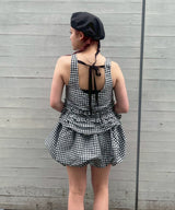Crinkled Taffeta Check Open Back Frill Top-GANNI-Forget-me-nots Online Store