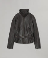 Belted Leather Blouson-OPEN YY-Forget-me-nots Online Store
