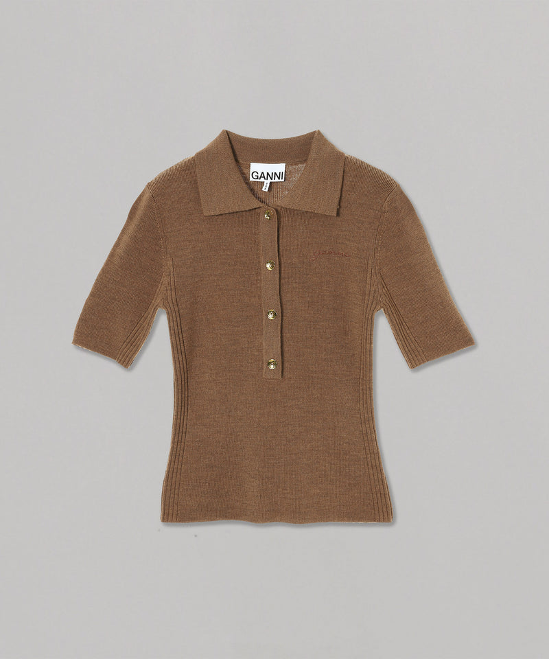 Mini Ribbed Merino Short Sleeve Polo-GANNI-Forget-me-nots Online Store