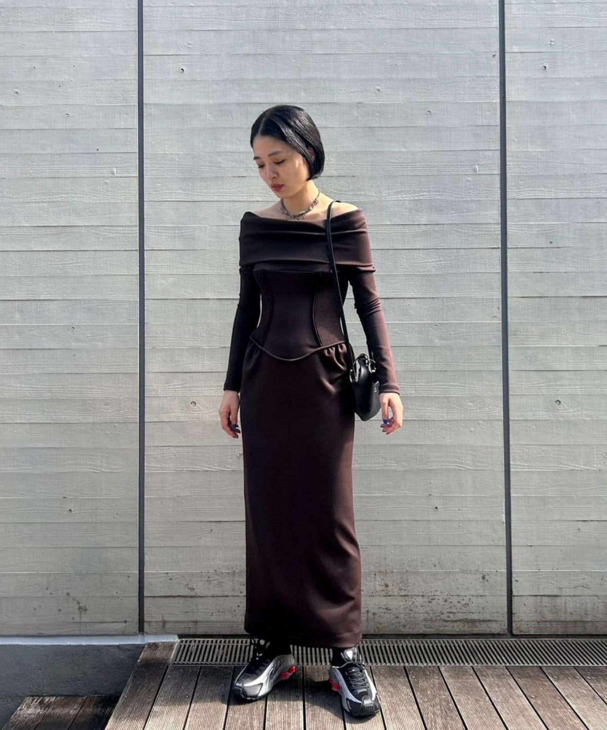 fetico GAUZE SHIRRED OFF SHOULDER DRESS