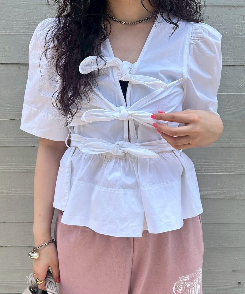 Washed Stretch Cotton Tie Strap Blouse-GANNI-Forget-me-nots Online Store