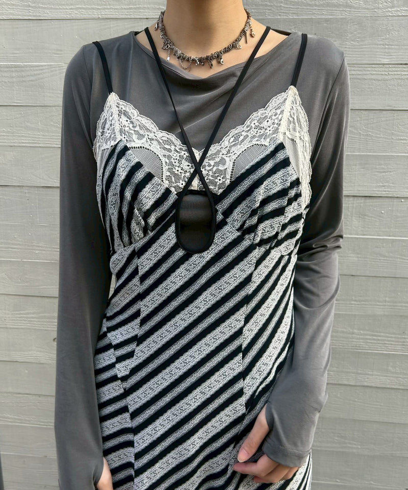 Lace Jaquard Stripe Slip Dress-FETICO-Forget-me-nots Online Store