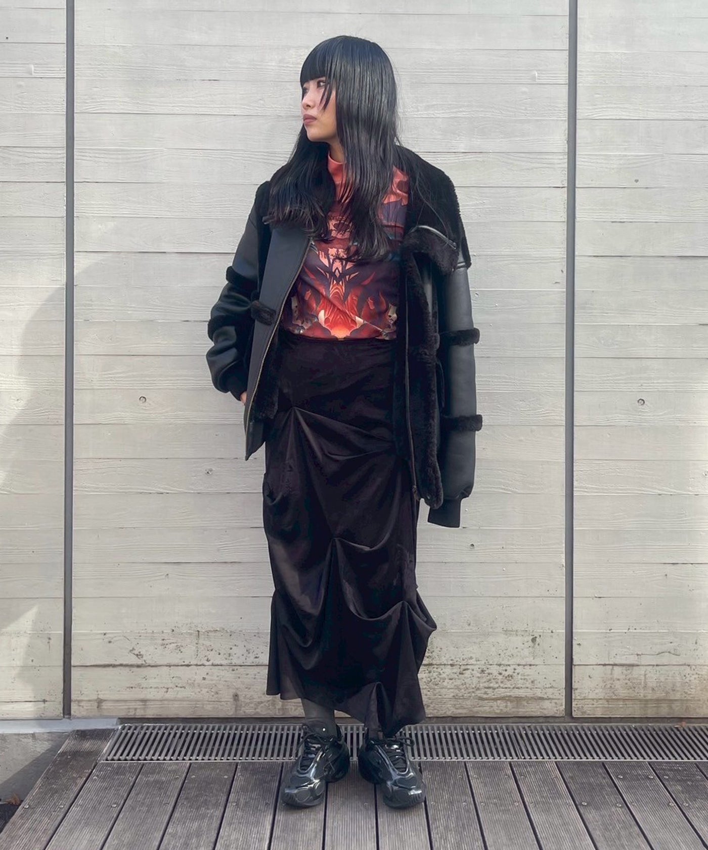 ガニー(GANNI)｜Fluid Satin Jacquard Tuck Detail Long Skirt｜Forget