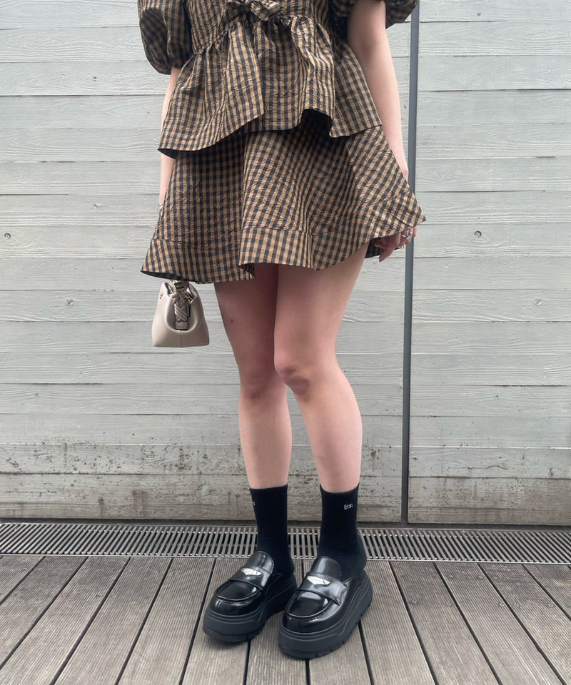 Crinkled Taffeta Check Mini Circle Skirt｜ガニー(GANNI)｜Forget-me
