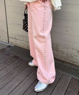 Wide Straight Denim Pants With Studs-Forget-me-nots-Forget-me-nots Online Store