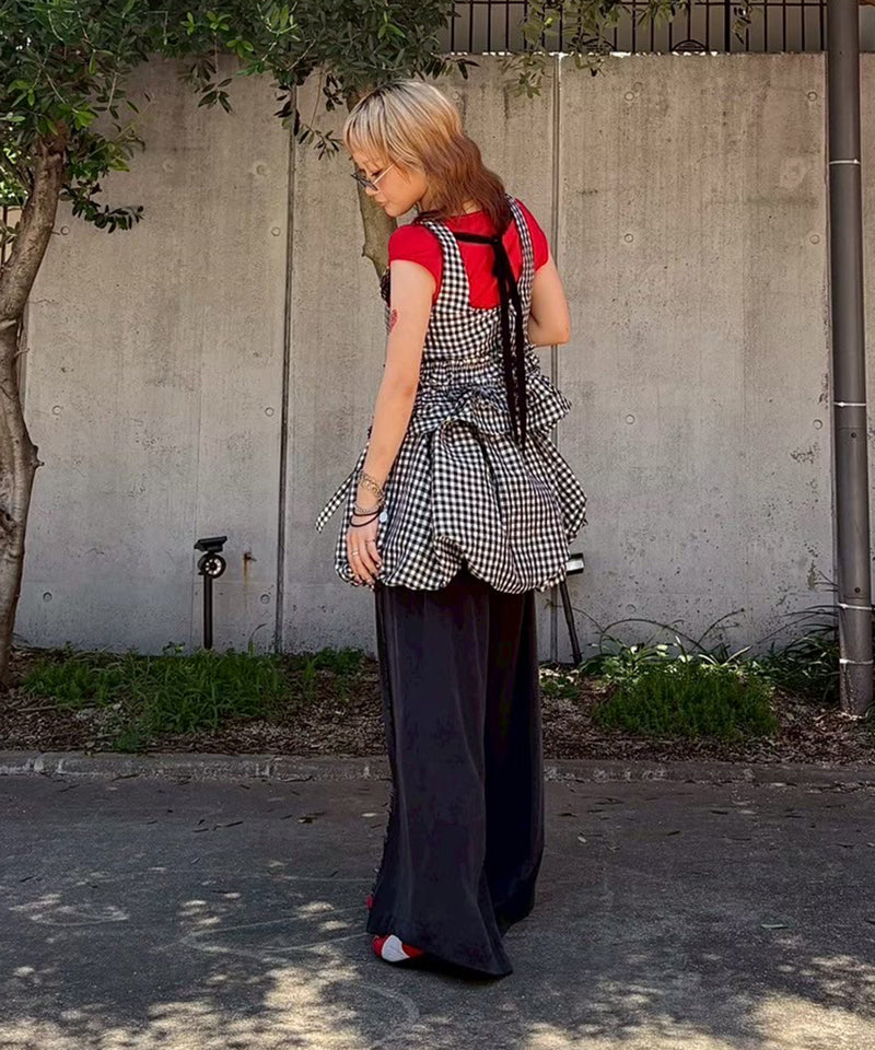 Crinkled Taffeta Check Open Back Frill Top-GANNI-Forget-me-nots Online Store