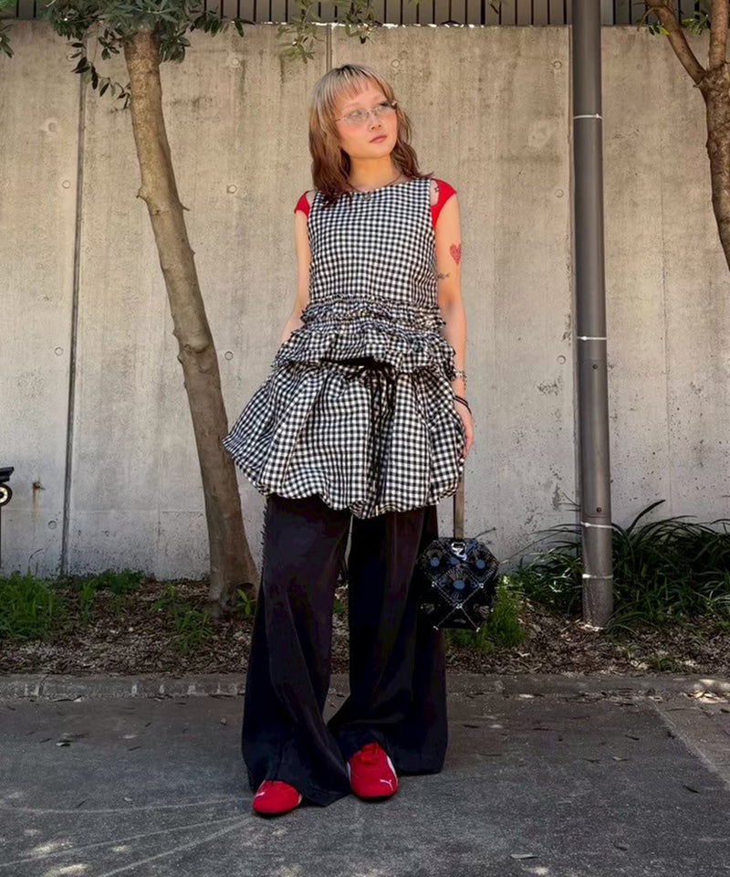 Crinkled Taffeta Check Open Back Frill Top-GANNI-Forget-me-nots Online Store
