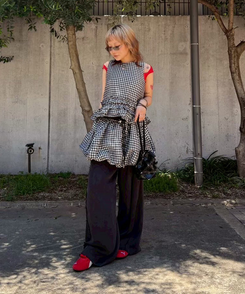 Crinkled Taffeta Check Open Back Frill Top-GANNI-Forget-me-nots Online Store
