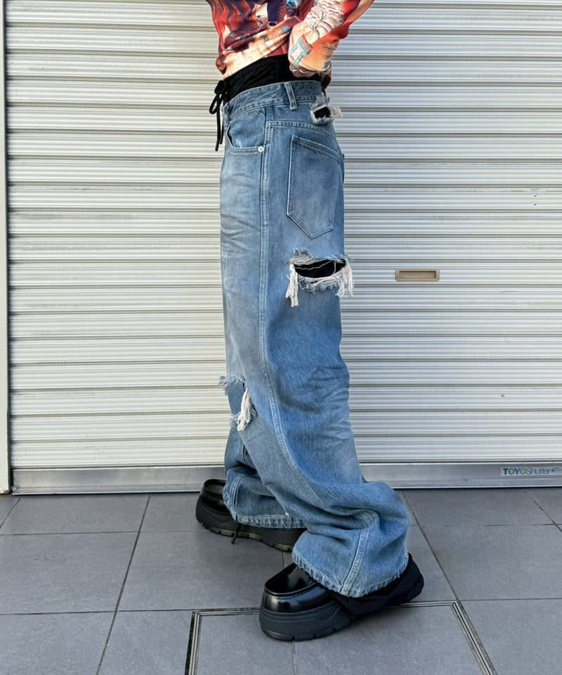 Double Denim Track Pants-LOADINGROOM-Forget-me-nots Online Store