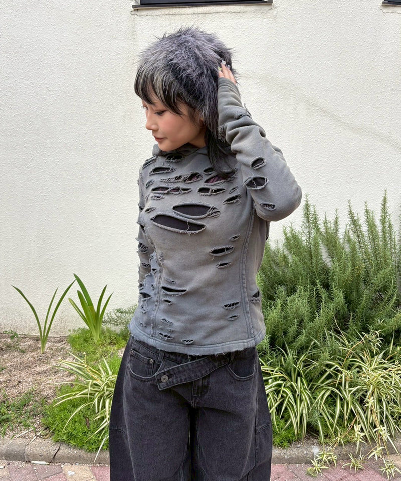 Damaged Overlay Hoodie-LOADINGROOM-Forget-me-nots Online Store