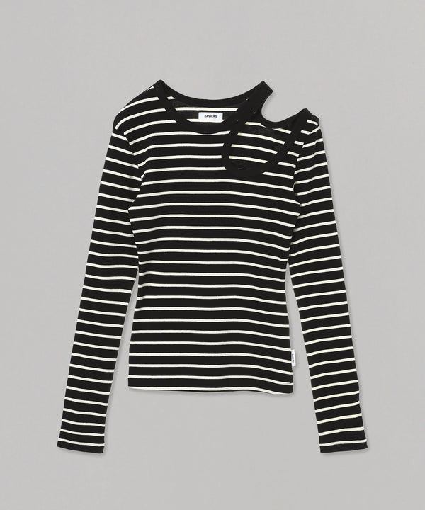 Cut-Out Stripe T-Shirt-BASICKS-Forget-me-nots Online Store