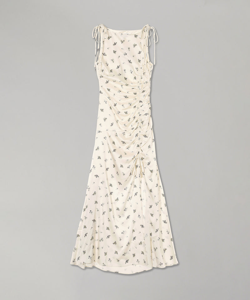 Printed Satin Gathered Long Dress-GANNI-Forget-me-nots Online Store