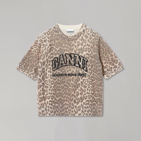【GANNI】レオパード柄 ウールミックス ニット Tシャツ Leopard ガニー(GANNI)|Graphic Wool Mix Printed Leopard T-Shirt