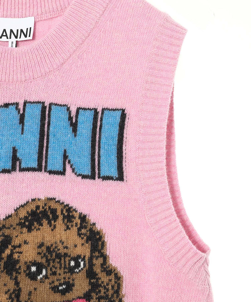 Graphic Wool Mix Pink Puppy Love Vest-GANNI-Forget-me-nots Online Store
