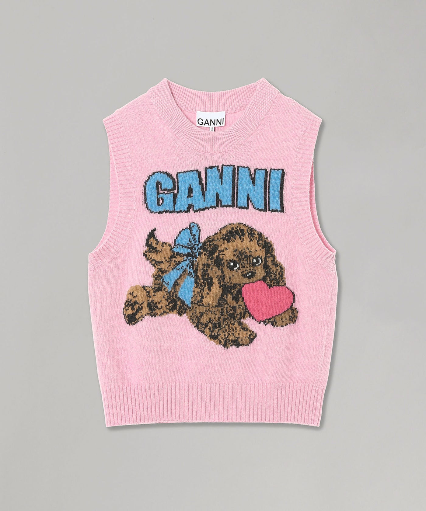 GANNI ピンク ニットベスト 犬イラスト ガニー(GANNI)｜Graphic Wool Mix Pink Puppy Love Vest｜Forget-me