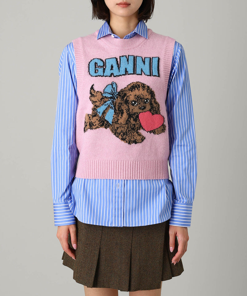 Graphic Wool Mix Pink Puppy Love Vest-GANNI-Forget-me-nots Online Store
